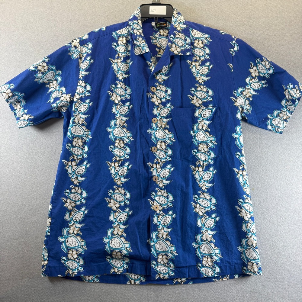 Aloha‎ Fashion Hawaiian Shirt Mens Medium Blue Sea Turtle Hibiscus Floral Print